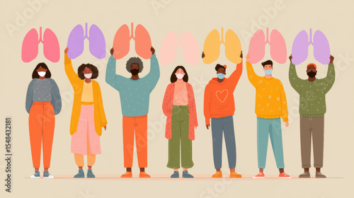 Diverse People Holding Lung Posters for World Lung Cancer Awareness Campaign on Flat Background