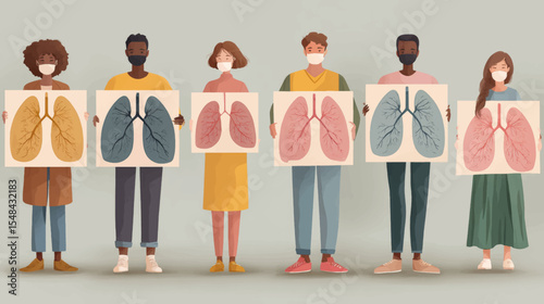 Diverse People Holding Lung Posters for World Lung Cancer Awareness Campaign on Flat Background