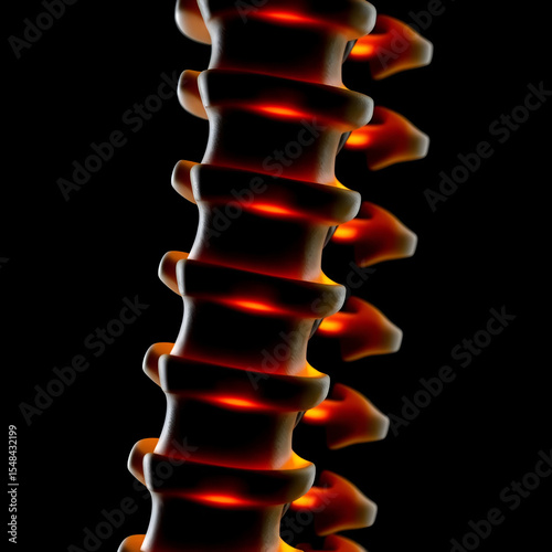 Close-up of a human spine, each vertebra subtly illuminated with a warm glow against a stark black background.  The image highlights the intricate curvature and structure of the spinal column