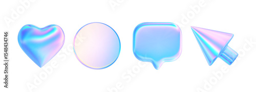 3d glass element with holographic effect. Render iridescent coin, heart, arrow, cursor, speech bubble icon. Y2k neon shape isolates. Vector tech ui illustration