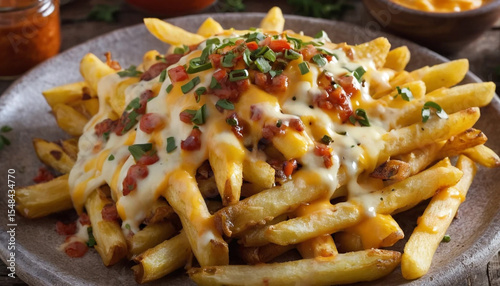 Cheesy loaded fries on rustic plate