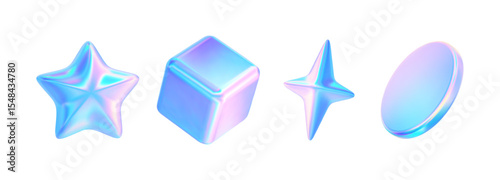 3d glass element with holographic effect. Render iridescent star, coin, cube, disk, starburst icon. Y2k neon shape isolates. Vector tech ui illustration