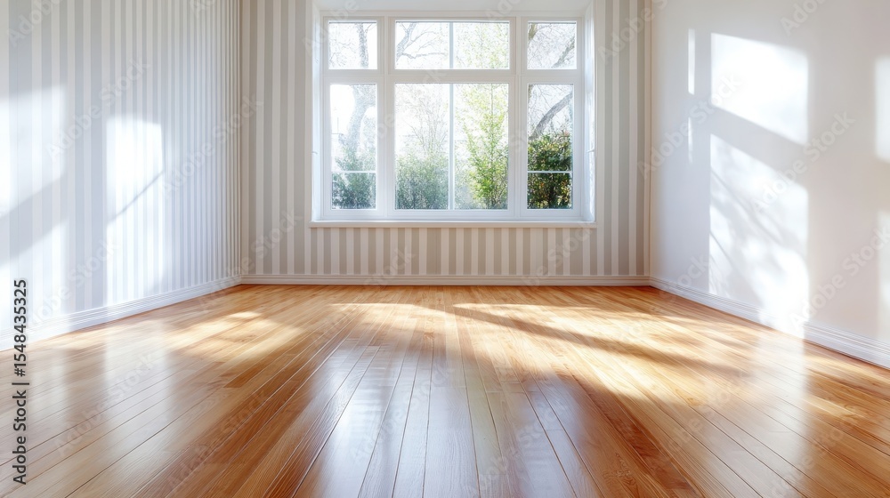 Fototapeta premium A spacious and minimalist room featuring natural light streaming through large windows, creating a bright and inviting atmosphere perfect for decorating and personalizing.