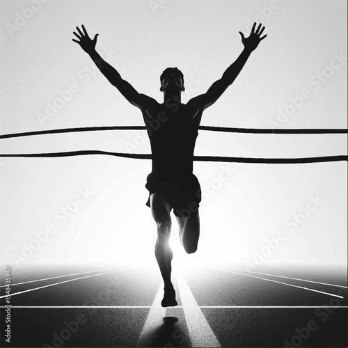 A black and white silhouette of a running athlete who tears ribbons successfully overcoming the finish line. Vector graphics. EPS.