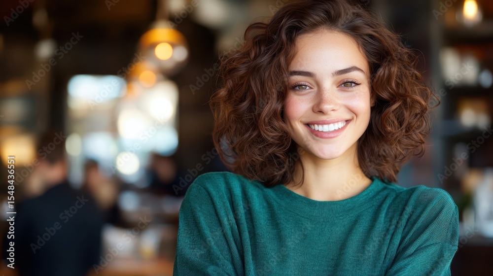 Obraz premium A cheerful woman smiles warmly in a cozy café, embodying the essence of comfort and connection in a casual setting filled with soft lighting and inviting ambiance that uplifts spirits.