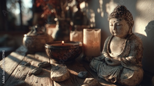 Serene still life featuring a Buddha statue, candles, and natural elements