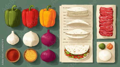 Flat Vector Layout of Colorful Fajita Ingredients for National Fajita Day on Wooden Table Background