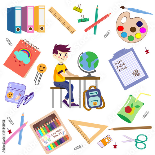 Illustration of a schoolboy at a desk surrounded by colorful school supplies like a globe, backpack, notebook, pencils. Bright, playful BACK TU SCHOOL concept for children and education themes.