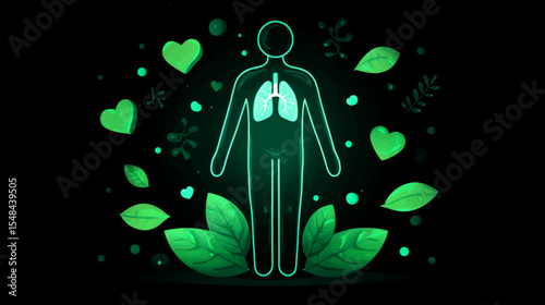 Stylized vector of human figure with glowing lungs surrounded by green hearts and leaves for organ donation awareness