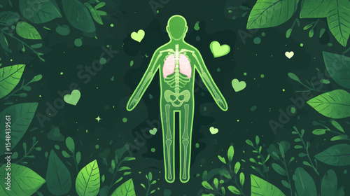 Stylized vector of human figure with glowing lungs surrounded by green hearts and leaves for organ donation awareness