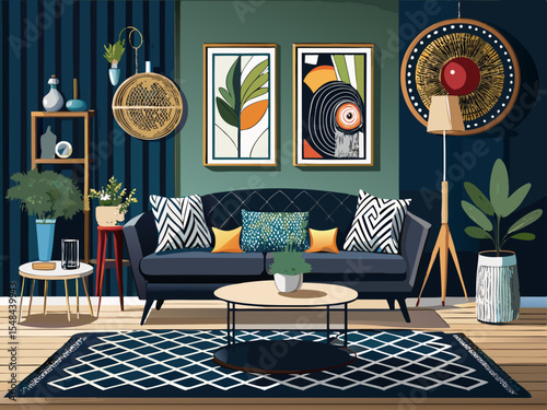 vector of The interior of a stylish living room with a black wicker sofa and a white and black carpet, a dark wall and beautiful paintings of modern decoration...