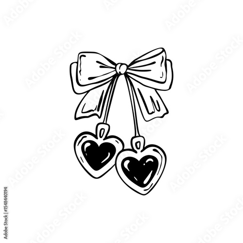 Hand drawn girly cherry two hearts with coquettish cute ribbon bow. Retro valentines day print. Vintage love locket doodle vector illustration. Girly wedding, birthday, bachelorette party invitation