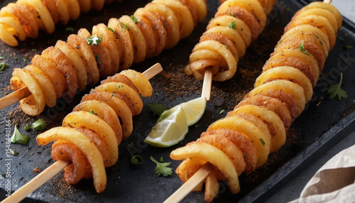 Spiral fries on stick with spicy crunch