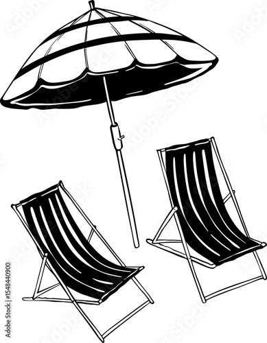 Hand drawn beach shears with umbrella. Doodle vector vintage sunbed illustration. Pool, hotel resort, lounge outdoor furniture. Sun shadow seat with parasol. Sea vacation design element