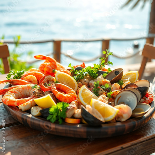Plato de mariscos frescos con limón y hierbas junto al mar