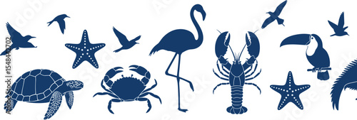 Tropical marine animal silhouette set in bold blue. Includes crab, turtle, flamingo, toucan, lobster, starfish, and birds.