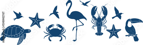 Tropical marine animal silhouette set in bold blue. Includes crab, turtle, flamingo, toucan, lobster, starfish, and birds.