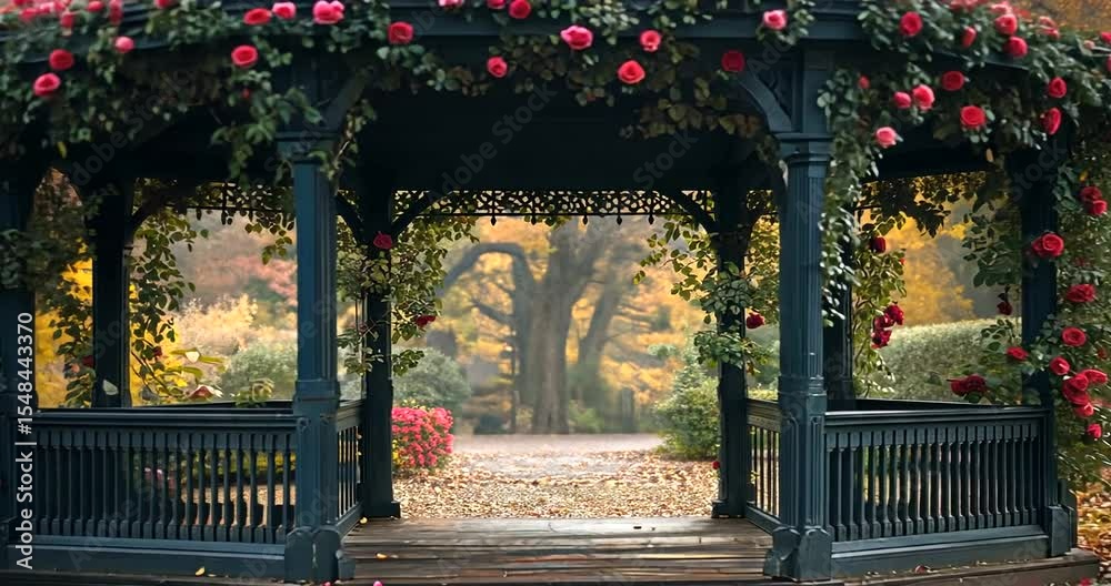 Charming gazebo adorned with roses in autumn park