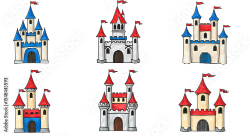 A collection of whimsical, colorful castle illustrations with various designs and flags, set against a simple background