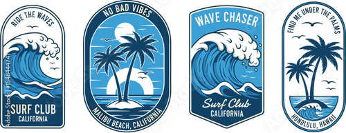 A set of retro-style surf club vector badges with waves, palm trees, and sunsets. Perfect for t-shirt designs, logos, and coastal branding, evoking the California surf culture.