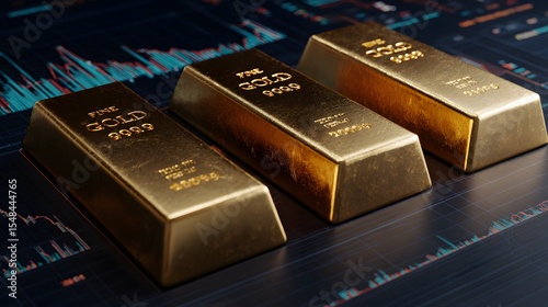 Golden bars rest on financial charts, embodying wealth, investment, and economic stability. The purity of the gold is marked at 999.9