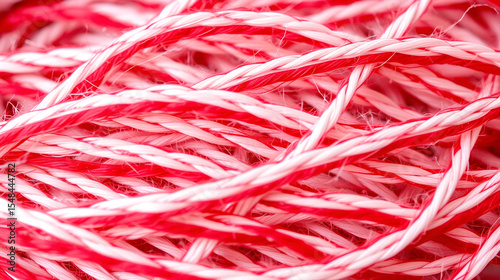 Close-up of interwoven red and white textile fibers in detailed pattern