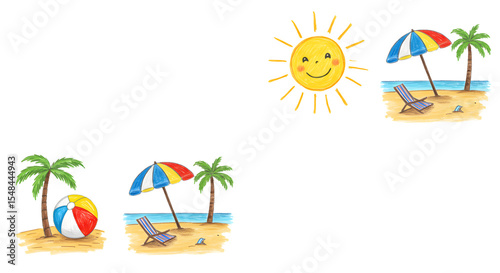 A vibrant beach scene featuring colorful umbrellas and a beach ball, with a smiling sun and palm trees in the background