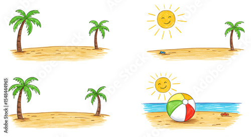 A vibrant beach scene featuring palm trees, bright sun, and a colorful beach ball on the sand, perfect for summer themes