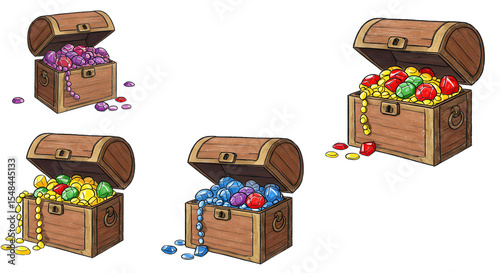 A vibrant illustration of treasure chests overflowing with colorful gems and beads, set against a simple background