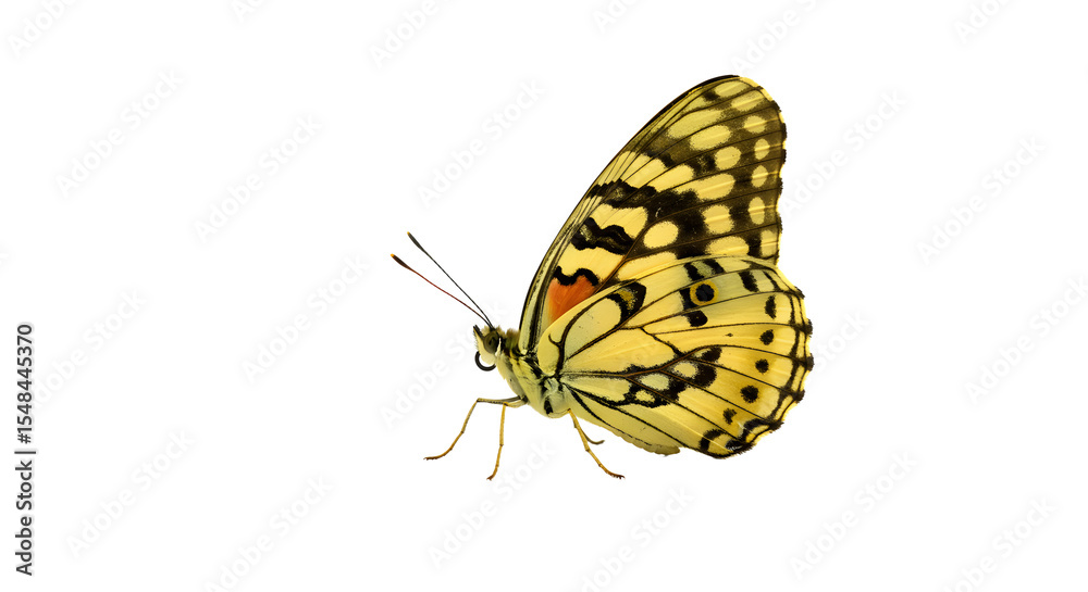 Obraz premium A vibrant yellow butterfly gracefully perched on a flower, surrounded by lush greenery and soft sunlight in the background