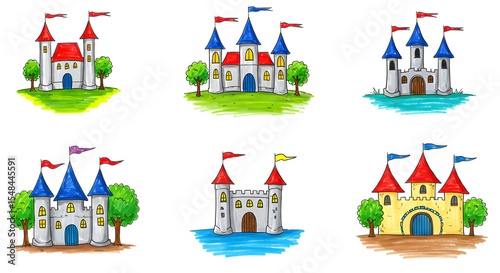 A whimsical collection of colorful castles, each with distinct flags and surroundings, ideal for children's illustrations