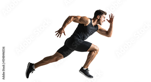 Athletic man sprinting energetically in a dynamic pose on a transparent background, showcasing fitness and determination