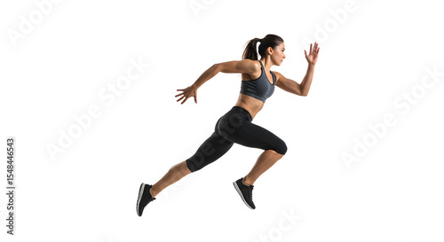 Fototapeta Naklejka Na Ścianę i Meble -  Athletic woman sprinting in a dynamic pose, showcasing strength and determination against a neutral background