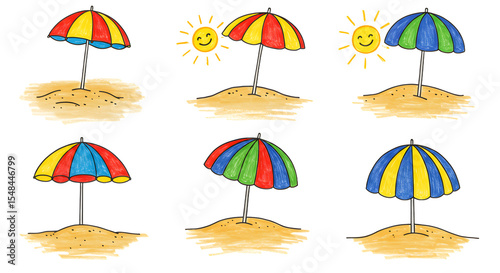 Colorful beach umbrellas on sandy shore under a bright sun, creating a cheerful summer atmosphere for relaxation
