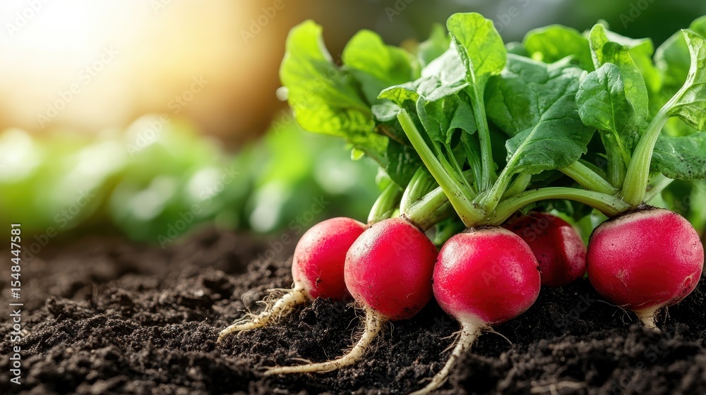 Bright red radishes peek from the dark, rich soil as they are harvested, illustrating the connection between nature, agriculture, and the rewarding harvest of home gardening. Bright red radishes peek from the dark, rich soil as they are harvested, illustrating the connection between nature, agriculture, and the rewarding harvest of home gardening.