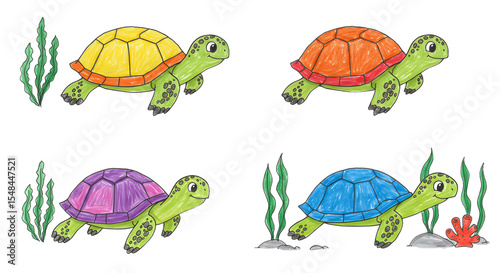 Colorful cartoon turtles swimming in an underwater scene, surrounded by seaweed and coral, showcasing vibrant marine life