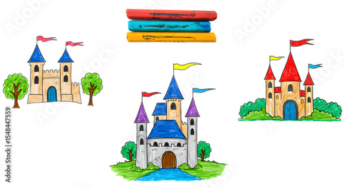 Colorful hand-drawn castles surrounded by trees and water, showcasing a whimsical fantasy landscape with vibrant flags
