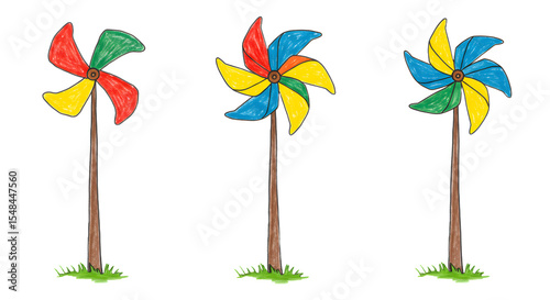 Colorful hand-drawn pinwheels spinning in a grassy field, evoking a playful atmosphere with a clear blue sky