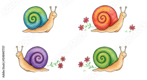 Colorful illustrated snails with vibrant shells and flowers, showcasing a whimsical garden scene with playful elements