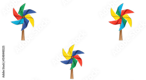 Colorful pinwheels spinning in a sunny park, surrounded by green grass and children playing in the background