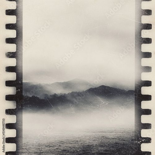 Moody monochrome landscape framed by filmstrip edges. Evokes nostalgia, memory,  travel. Ideal for artistic projects, blogs, or creative designs.