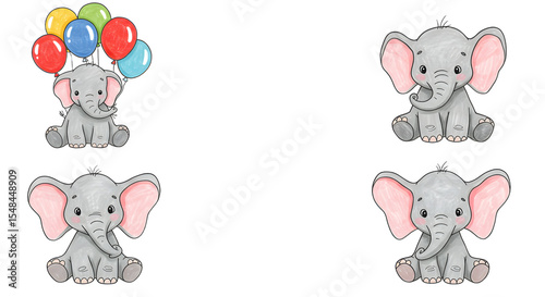 Cute cartoon elephants with colorful balloons in a playful setting, showcasing joy and celebration in a whimsical design