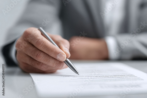 Closeup of a hand holding a pen, poised above a document. Symbolizes legal agreement, signature, business deal, contract signing, or making an important decision.