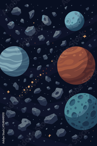 Cosmic scene with planets and an asteroid field. Outer space background with drifting meteorites and celestial bodies. Universe and galaxy vector illustration for science fiction.