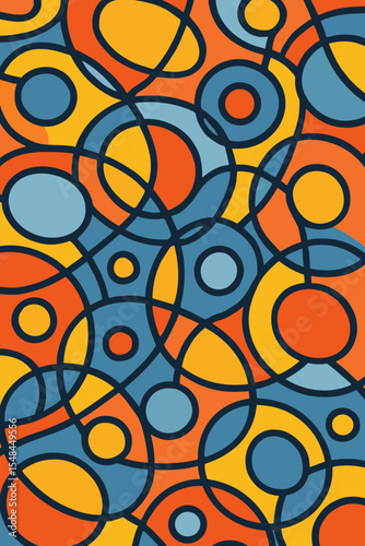 Abstract retro background with interconnected circles and ovals. Colorful 70s style seamless pattern. Groovy vintage doodle art. Mid-century modern vector wallpaper design.