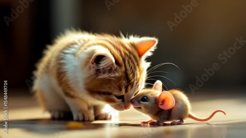 A stunning video of a Cat with its soft fur and expressive eyes, gently stroking a mouse, which responds with a happy expression.