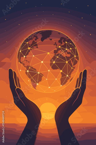 Hands holding a glowing Earth with a global network connection. Concept for technology, communication, data, and science. Protecting the future of the planet. Vector illustration.