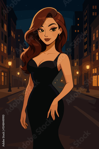 Alluring woman in elegant black evening dress on an illuminated city street at night. Glamour fashion model cartoon character. Vector illustration for nightlife, beauty, confidence.