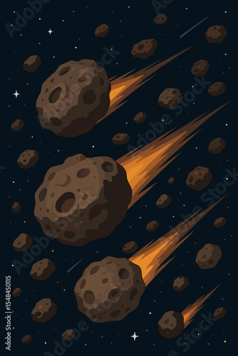 Meteor shower with flaming asteroids and comets traveling through deep space. Vector cartoon illustration. Seamless galaxy pattern with celestial rocks, meteorites and stars.