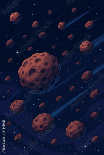 Asteroid field in deep space with meteorites flying. Cartoon vector illustration of a meteor shower. Cosmic background with stars for astronomy or science fiction concepts.